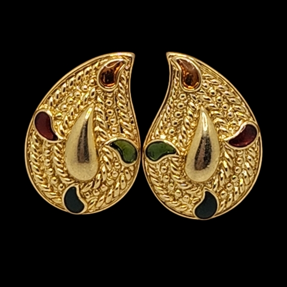 Avon Jewelry - Avon Womens Vintage Gold Tone Teardrop Earrings with Emeral Multicolor Accents